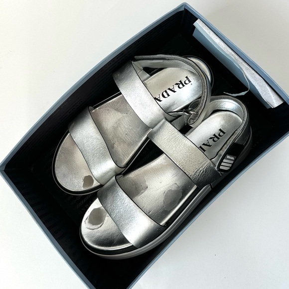 PRADA SPORTY METALLIC SILVER OPEN TOE SANDALS LUXURY PLATFORM SHOE 39, US 8.5 - Picture 12 of 12